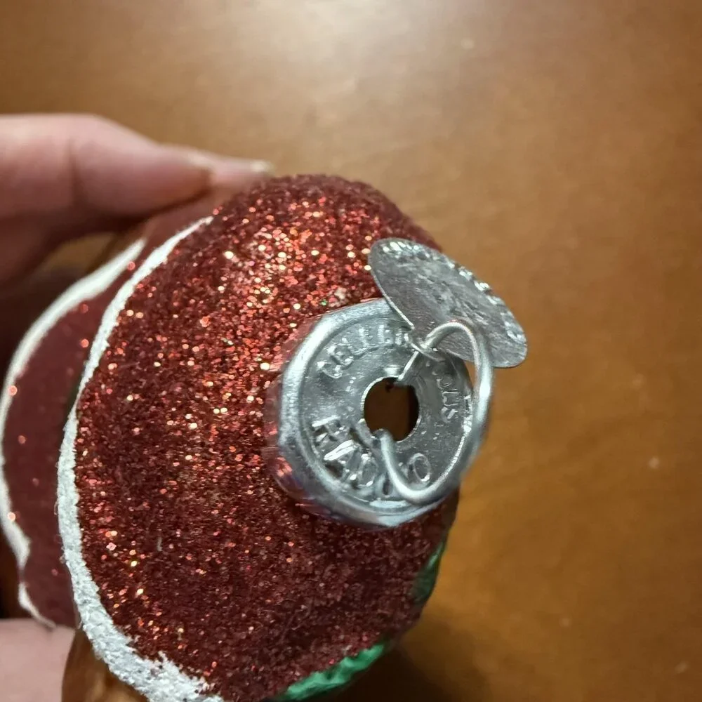 Christopher Radko Teddy Bear Christmas Ornament‎ Retro Glass Red Green Glitter